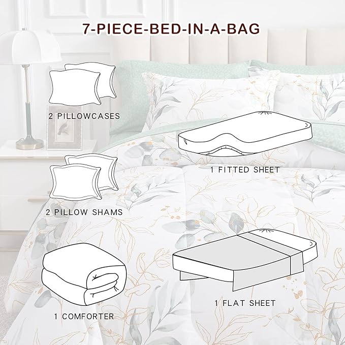 Joyreap 7 Piece Bed in a Bag Queen, Green Leaves Printed on White Botanical Design, Microfiber Set for All Season (1 Comforter, 2 Pillow Shams, 1 Flat Sheet, 1 Fitted Sheet, 2 Pillowcases)