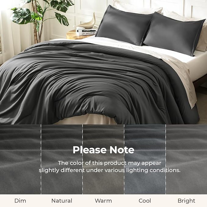 Litanika Dark Grey Comforters Oversized Queen Size, 3 Pieces Lightweight Solid Bedding Comforter Set, All Season Fluffy Bed Set (98x98In Comforter & 2 Pillowcases)