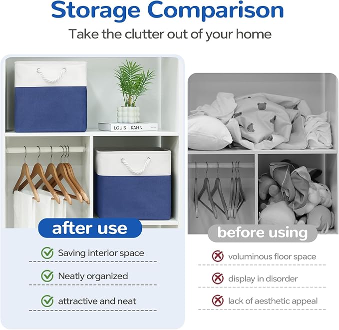 13 x 13 Inch Cube Storage Bins, 6 Pack Fabric Storage Basket with Handles, Foldable Boxes Organizer for Shelf Baskets for Home, Clothes (White/Blue) - Image 8
