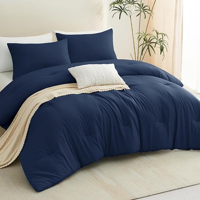 CozyLux Oversized King Comforter Set Navy Blue, 3 Pieces 120x98 Solid Breathable Quilted Bedding Sets for All Seasons, Luxury Soft Lightweight Bed Set with Down Alternative Comforter and 2 Pillowcases