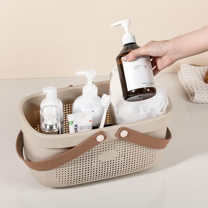 JiatuA Plastic Storage Basket with Handle Portable Shower Caddy Tote Organizer Basket Bin for Bathroom Kitchen Dorm Room Bedroom, Beige - Image 7