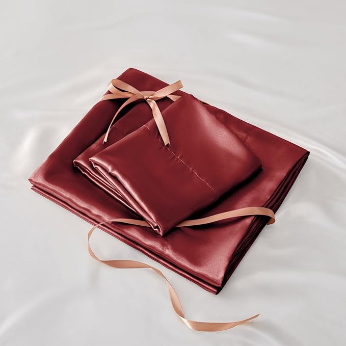 BEDELITE California King Sheets Set, Luxury Soft Burgundy Satin Sheets for Hair and Skin, Similar to Silk Bed Sheets Set 4 Pieces with 1 Deep Pocket Fitted Sheet, 1 Flat Sheet, and 2 Pillowcases