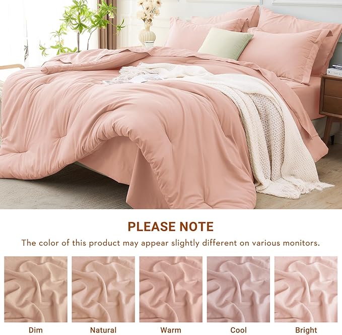 MUXHOMO 7 Pieces Full Comforter Set, Soft Bed in a Bag Full Size, All Season Bedding Set with Comforter, Flat Sheet, Fitted Sheet, Pillowcases & Shams, Rose Gold