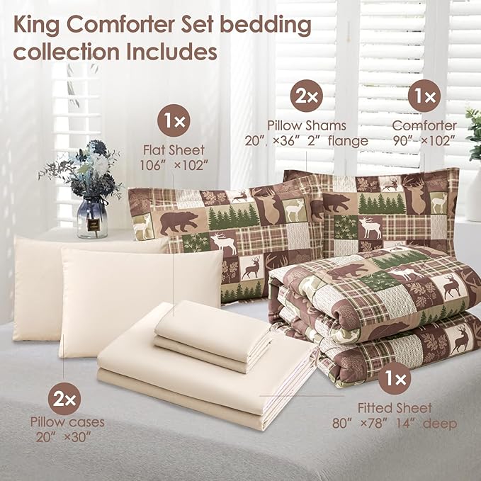 Comforter Set King Size Bear Moose Plaid Comforter Bedding-7 Piece Bed in a Bag,Soft Reversible Patchwork Microfiber Bedding Set (1 Comforter,1 Flat Sheet,1 Fitted Sheet,2 Pillowcases,2 Pillow Shams)