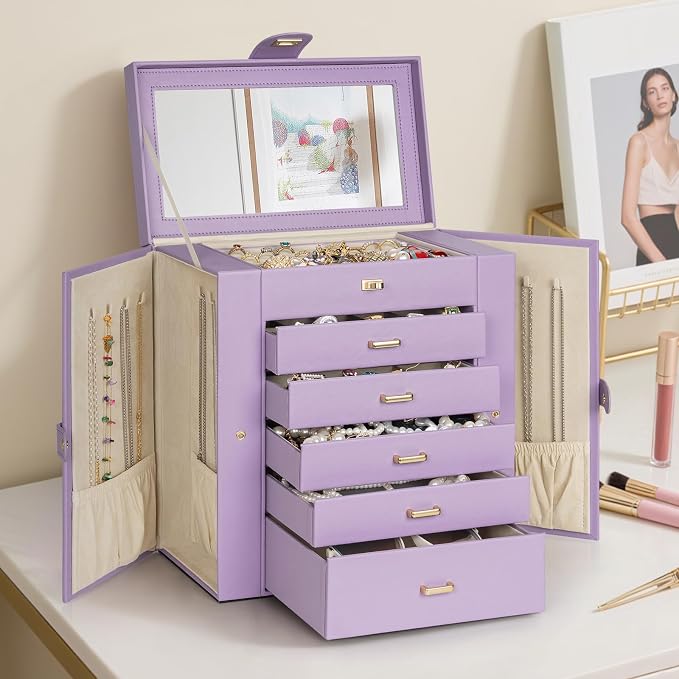 AKOZLIN Extra Large 6-Tier Jewelry Box Organizer Functional Huge, 5 Drawers Leather Jewelry Storage Case for Women Girls Ring Necklace Earring Bracelet Holder Organizer with Mirror Violet - Image 7