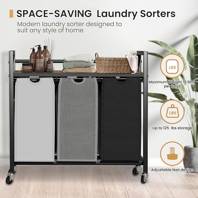 SwaaVee Laundry Hamper, Laundry Basket, Laundry Sorter with 3 Removable Bags, Clothes Basket with 3 Compartments, Wheels, Shelf for Laundry Room Bathroom Bedroom (3 Bags-Black Grey White) - Image 7