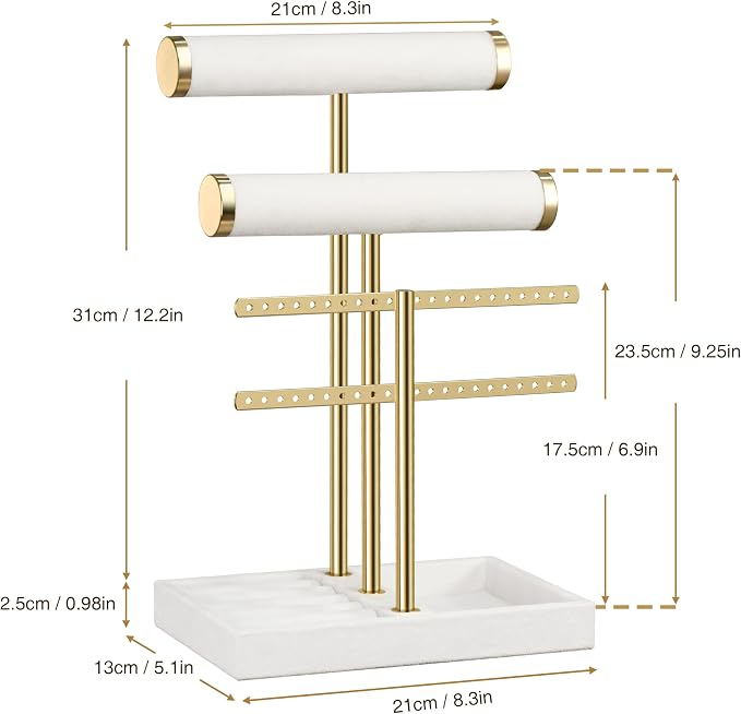 bussdis 3 Tier Bracelet Holder Display - Detachable T Bar White Velvet Bracelet Holder, Jewelry Holder Organizer for Bracelet, Necklace, Earrings, Rings - Image 7