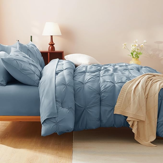 CozyLux King Size Comforter Set Mineral Blue, 7 Pieces Pintuck Bed in A Bag Blue Comforter King Size, Pinch Pleat Bedding Set with All Season Comforter, Flat Sheet, Fitted Sheet, Pillowcases & Shams
