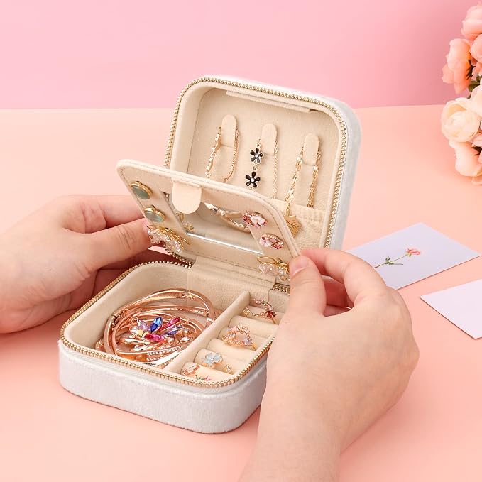 DesignSter Travel Jewelry Box - Velvet Mini Jewelry Organizer, Small Jewelry Case for Girls Women, Jewelry Storage Box for Rings Earrings Necklace (Square, Cream Beige) - Image 6