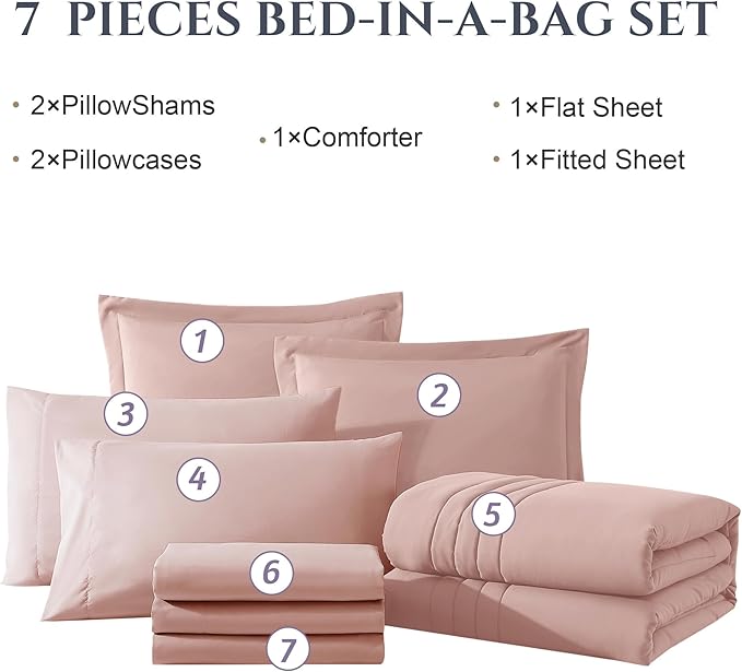 Monbix Queen Comforter Set - 7 Pieces Light Pink Bed in a Bag Queen Bedding Sets with Comforters, All Seasons Comforter Bed Set with Sheets, Pillowcases & Shams