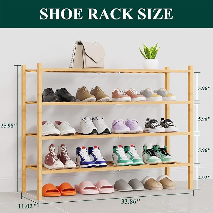 Smiry Shoe Rack, 4 Tier Thick Long Bamboo Shoe Organizer, Stackable Free Standing Wooden Shoe Storage Shelf for Closet, Entryway, Front Door Entrance, Natural - Image 2