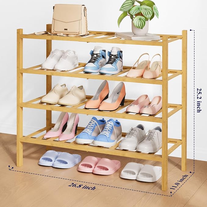 Kitsure Bamboo Wooden Shoe Rack for Closet - Stackable Shoe Organizer with Modular Structure, Space-Saving Shoe Shelf for Entryway, Living Room, Bedroom, 26.8" Wide - 4 Tiers, Natural - Image 2