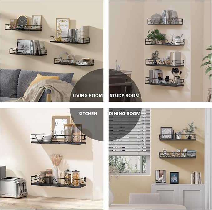 Amaoot Floating Shelves Set of 4, Home Wood Wall Shelf, Farmhouse Shelf for Bedroom, Wall Mounted Floating Shelf for Living Room, Bedroom, Bathroom, Kitchen, Office (Black) - Image 6