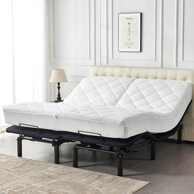 Kingnex Split Top King Mattress Topper for Adjustable Bed with Upper Flex Fluffy Matress Cover Quilted Fitted Mattress Pad with Elastic Pocket 32-34 Split from Head
