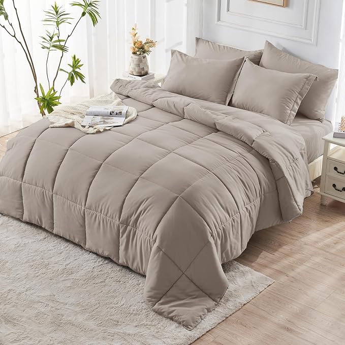 JOLLYVOGUE Twin XL Comforter Set, Ultra-Soft Bed in a Bag Twin XL Size 5 Pieces, Oeko-TEX Certified Bedding Set with Down Alternative Comforter, Sheets, Pillowcases & Shams, Khaki