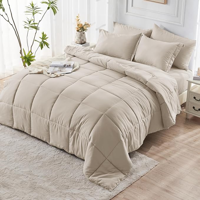 JOLLYVOGUE Full Comforter Set, Ultra-Soft Bed in a Bag Full Size 7 Pieces, Oeko-TEX Certified Bedding Set with Down Alternative Comforter, Sheets, Pillowcases & Shams, Oatmeal