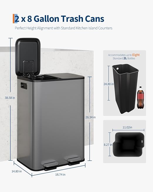GarveeHome 2 x 8 gal Stainless Steel Double Trash Can with Lid for Kitchen, Large Dual Trash and Recycle Bin Combo, Step-on Kitchen Metal Garbage Cans, PP Inner Buckets, Liner Rim, Matte Grey - Image 6