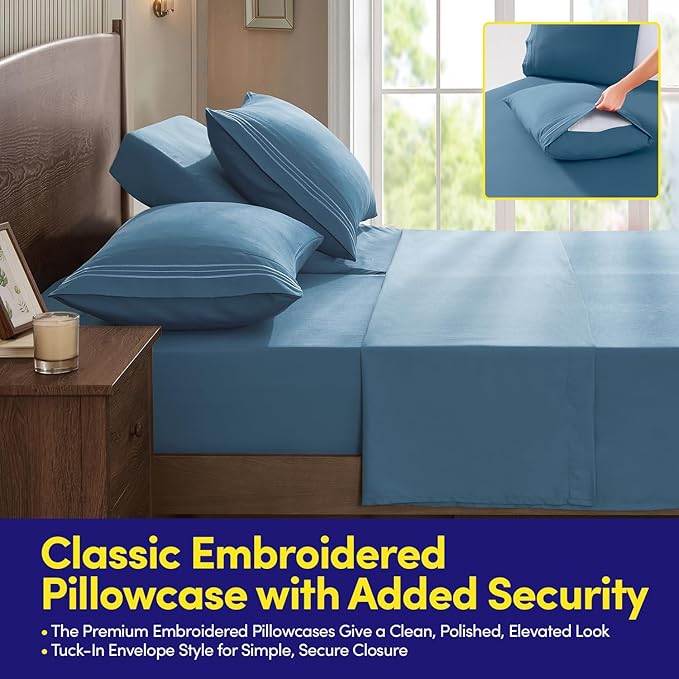 Split Head King Sheets Set for Adjustable Beds 4 Piece Flex Top Bed Sheets β Deep Pocket Split Top Fitted Sheet with Built-in Corner Straps, Luxury Soft Cooling Bedding, Wrinkle Resistant, Denim