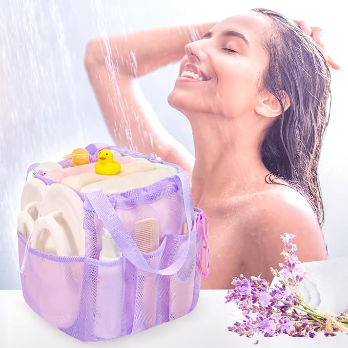 famichan Mesh Shower Caddy Portable with Drawstring, Dorm Room Essentials for College Students Girl & Boy, Larger Shower Bag for Camping,Swimming,Gym,Travel,Bathroom - Purple - Image 9