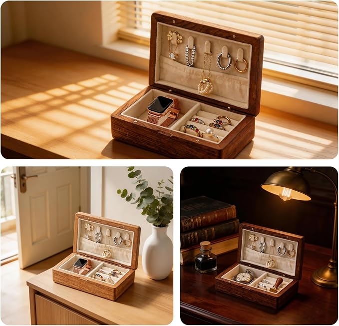 Small Wooden Jewelry Box | Versatile Mens Jewelry Box with Earring & Ring Organizer for Travel & Vanity Display - Image 6