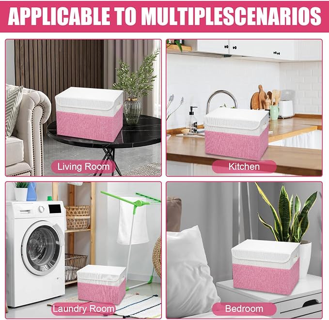 Bagnizer Large 22 Quart Linen Fabric Foldable Storage Bin Cube Organizer Basket with Flip-Top Lid & Handles, Clothes Blanket Box for Home, Office, Closet, Pink & White, 4 Pack 14.6 x 9.5 x 9.5 - Image 7