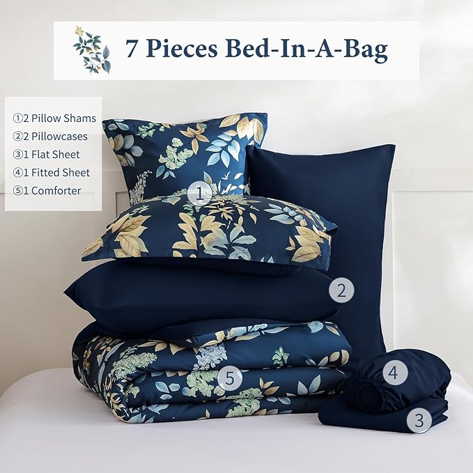Cottolester Navy Blue Comforter Set King Size Floral 7-Piece Bedding Set,Botanical Comforter Set with Pillowcases,Soft Microfiber Complete Bedding Sets for All Season