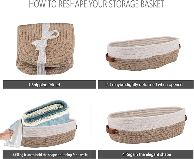 Cotton Rope Bathroom Decor Basket,Toilet Paper Holder Basket,Farmhouse Home Decor Organizing Baskets 13"x5.9"x4" Brown Stitching White - Image 7