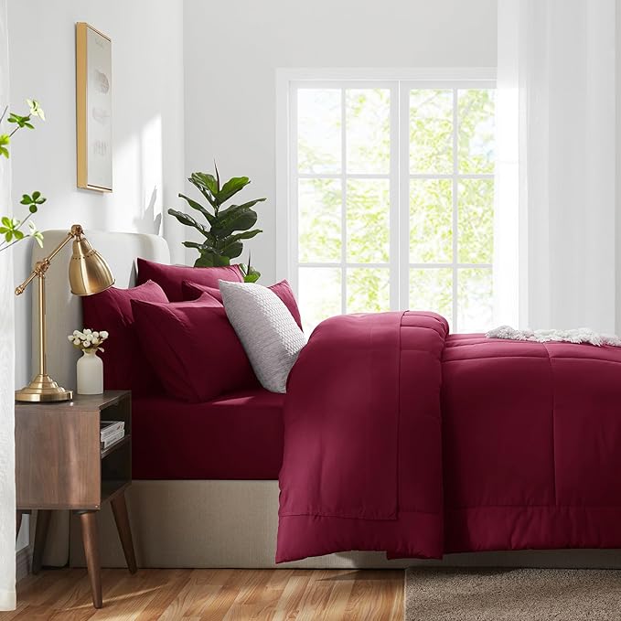 CozyLux Queen Comforter Set Burgundy, 7 Pieces Bed in a Bag, Red Comforters Queen Size, All Season Bedding Sets with Stitch Quilted Comforter, Flat Sheet, Fitted Sheet, Pillowcases