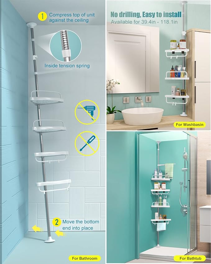 ADOVEL 4 Layer Corner Shower Caddy, Stainless Steel Constant Tension Pole Shower Organizer, Adjustable Corner Shower Shelf, Rustproof 3.3 to 9.8 ft - Image 6