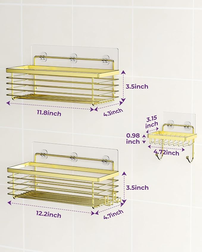 ODesign Shower Caddy 3 Pack SUS304 Stainless Steel-No Drilling-Shower Bathroom Shelves Rack,Rustproof Wall Mounted,Adhesive Shower Shelf Basket Organizer-Golden - Image 7