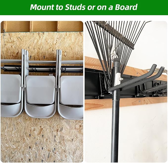 PIYILO Garage Organization, Garage Wall Organizer with 48 inches Rails and 6 Hooks, Tool Organizers Heavy Duty, Shovel Holder Wall Mount Max Load 360 LBS, Sturdy Garden Tool Rack for Folding Chairs - Image 9