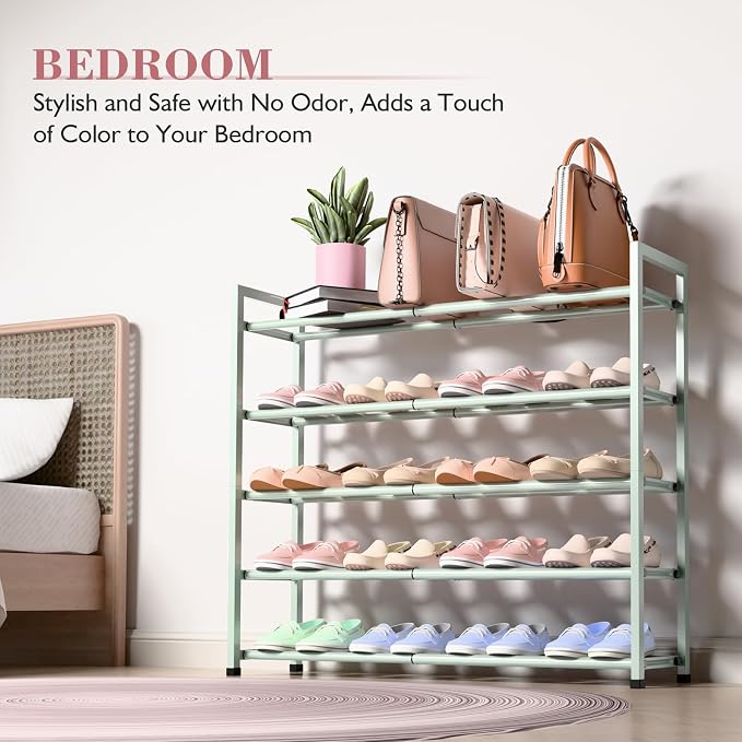 Bumusty 5-Tier Expandable Shoe Rack for Closet, 18“-33” Adjustable Shoe Rack for Small Space, Small Shoe Organizer for Front Door, Sturdy Metal,Green - Image 6