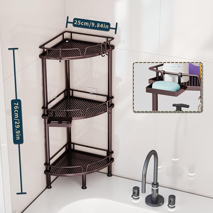 Consumest Corner Shower Caddy Stand - 3 Tier Shower Organizer with Soap Holder, Tall Floor Corner Shelves Standing with Adjustable Feet & 4 Hooks, Storage Rack for Bathroom, Bronze - Image 7