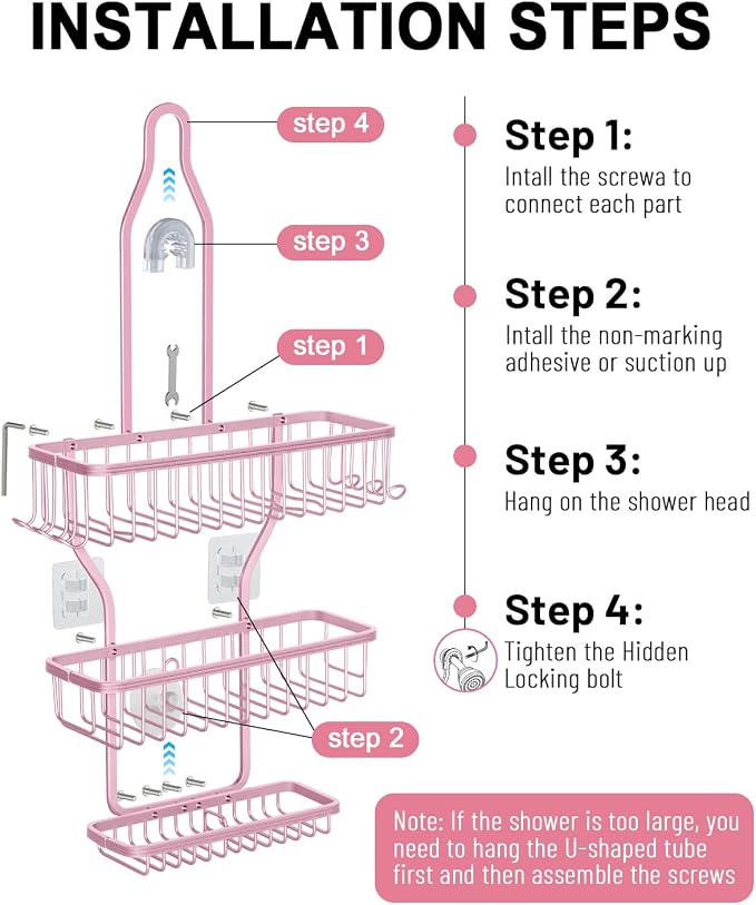 Pink Shower Caddy for Bathroom - Never Rust Hanging Shower Organizer with Soap Basket and Hooks - Large Capacity 3 Tier Aluminum Over The Showerhead Caddy - Image 8