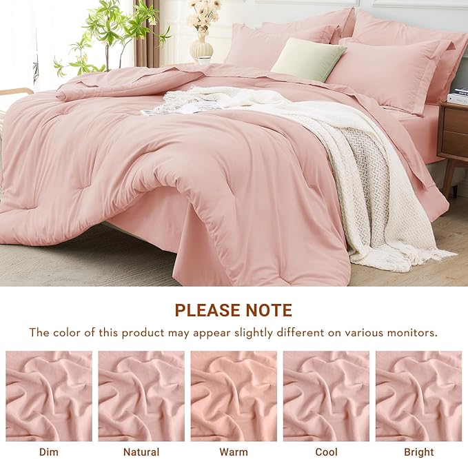 MUXHOMO 7 Pieces Full Comforter Set, Soft Bed in a Bag Full Size, All Season Bedding Set with Comforter, Flat Sheet, Fitted Sheet, Pillowcases & Shams, Pink