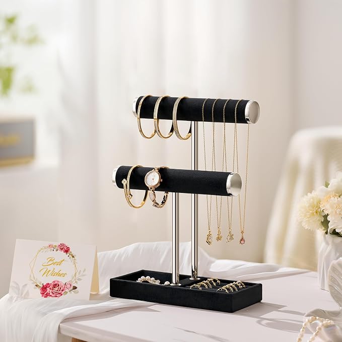 bussdis 2 Tier Bracelet Holder Display - Detachable T Bar Black and Silver Velvet Bracelet Holder, Jewelry Holder Organizer for Bracelet, Necklace, Earrings, Rings - Image 4