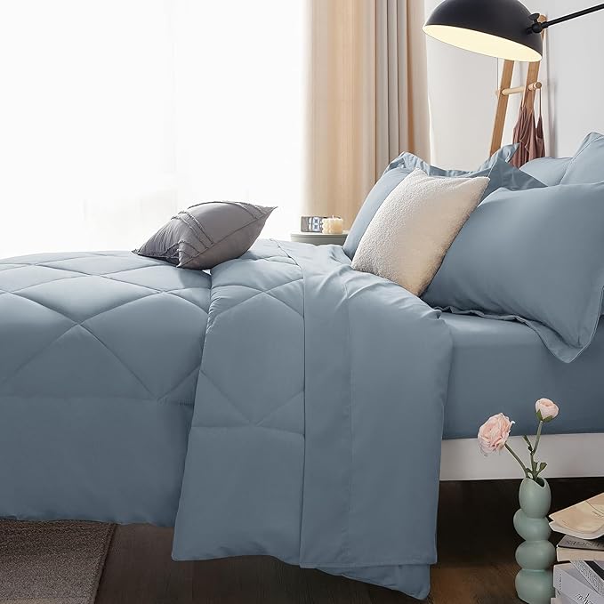 CozyLux Oversized King Comforter Set Dusty Blue, 7 Pieces Bed in a Bag Comforter Set with Sheets, All Season Bedding Set with Down Alternative Comforter, Sheets, Pillowcases & Shams