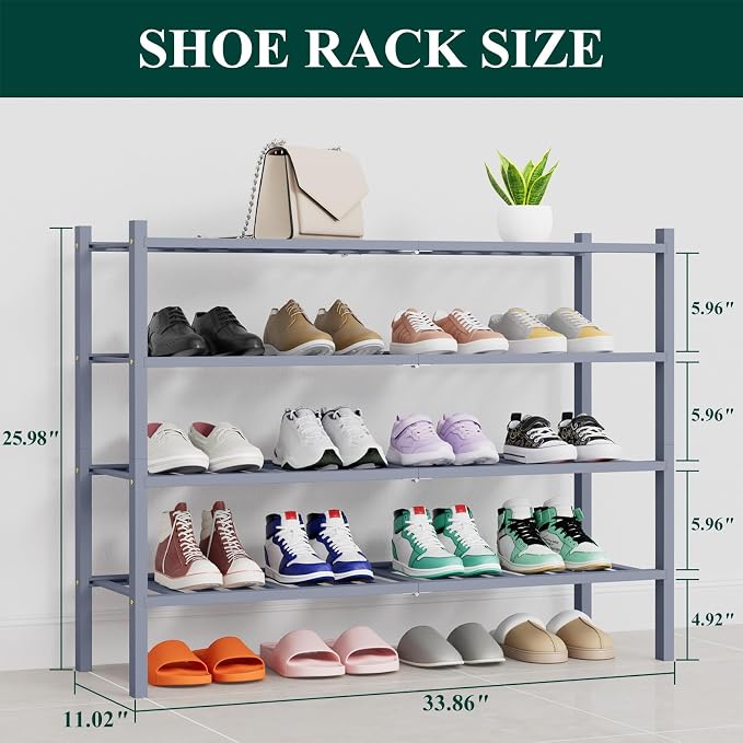 Smiry Shoe Rack, 4 Tier Thick Long Bamboo Shoe Organizer, Stackable Free Standing Wooden Shoe Storage Shelf for Closet, Entryway, Front Door Entrance, Grey - Image 2