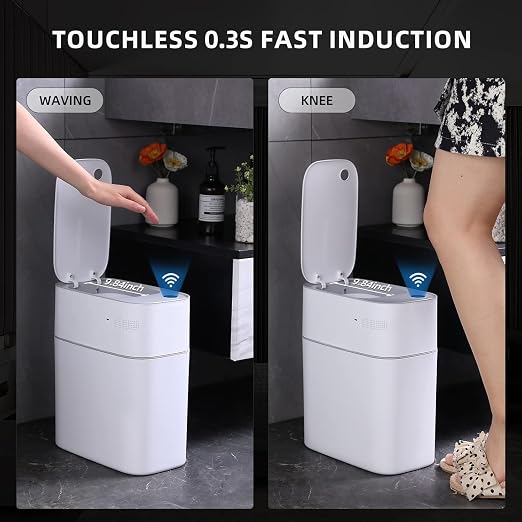 MOPALL Small Bathroom Trash Cans with Lids,Motion Sensor Bathroom Trash Can,Narrow Waterproof Plastic 3.5 Gallon Automatic Adsorption Touchless Garbage Can,White - Image 9
