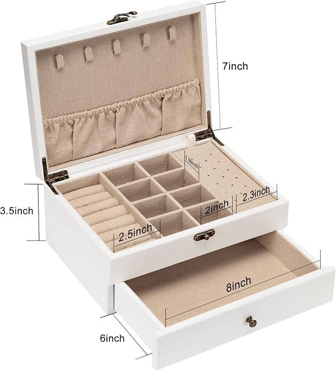Pinzoveco Jewelry Box for Women, Rustic Wooden Jewelry Organizer Box for Storage Earrings Rings Necklace Bracelet, Farmhouse Style Wood Jewelry Boxes & Organizers (White) - Image 7