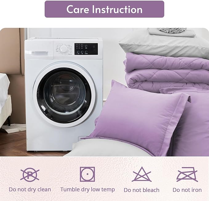 MUXHOMO 7 Pieces King Comforter Set, Reversible Bed in a Bag King Size, All Season Bedding Set with Comforter, Flat Sheet, Fitted Sheet, Pillowcases & Shams, Greyish Purple & Light Grey