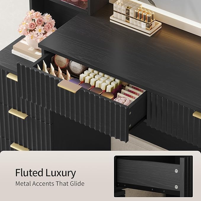 HAUOMS Big Vanity, 59.1" Fluted Wood Makeup Vanity Desk with Mirror and Sound Sync LED Lights, Large Vanity Dressing Table, 8 Drawers, 2 Glass Cabinets, with Charging Station for Girls, Women (Black)