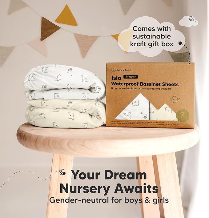 2-Pack Waterproof Bassinet Sheets Boy, Girl - 33x17 Baby Bassinet Mattress Protector Cover, Viscose Derived from Bamboo, Compatible with Graco, Baby Delight,Halo Bassinest Swivel Sleeper (Bumble Bear)