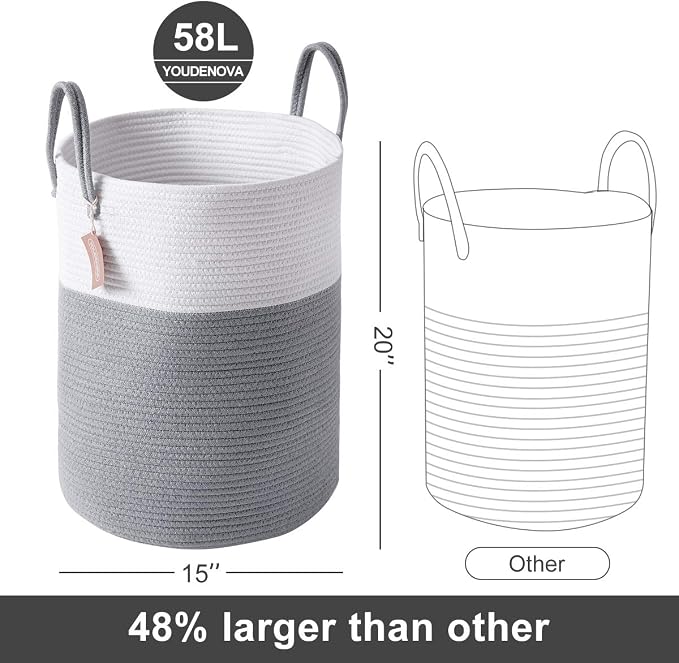 Cotton Rope Laundry Hamper by YOUDENOVA, 58L - Woven Collapsible Laundry Basket - Clothes Storage Basket for Blankets, Laundry Room Organizing, Bedroom Storage, Clothes Hamper – Grey - Image 7