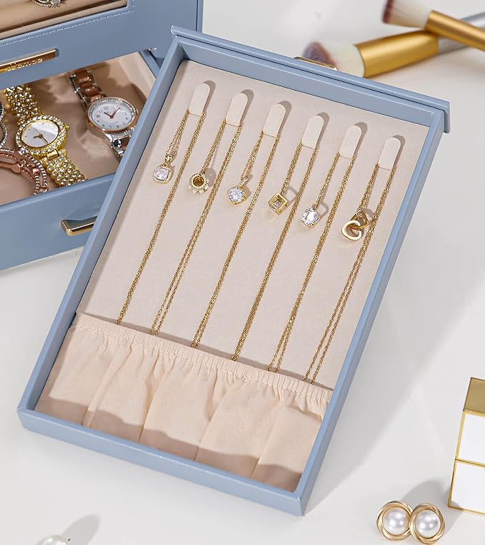 Homde Jewelry Organizer with Transparent Window Necklace Hooks Gift for Women Jewelry Box Display Case for Necklaces Rings Earrings Bracelets and Other Accessories (Grey Blue) - Image 9