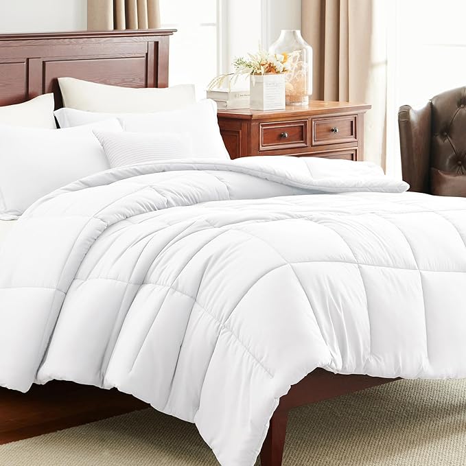 CozyLux Full Size Comforter Sets - White Comforter Full Size, 3 Pieces Box Stitched Bed Set for All Seasons, Soft Lightweight Bedding Sets with 1 Down Alternative Comforter and 2 Pillow Shams