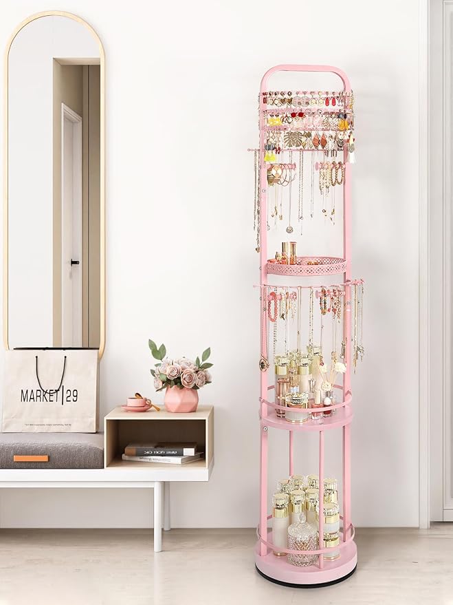 Jewelry Holder Organizer, Floor Jewelry Organizer with Earring Organizer Necklace Holder, Rotating Jewelry Stand Necklace Display Earring Storage, Large Hanging Jewelry Tree for Jewlery Bracelet Ring - Image 7