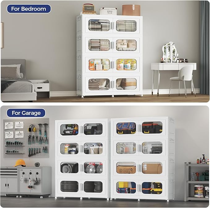 150Gal Extra Large Stackable Storage Bins with Lid & Wheels & Doors, 200QT/50GAL 3-Tiers Collapsible Closet Organizers Plastic Containers Drawers Boxes for Home Kitchen Bedroom, White