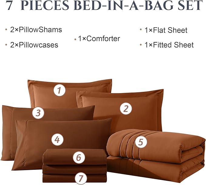 Monbix King Size Comforter Set - 7 Pieces Bed in a Bag King, Burnt Orange Bedding Sets with Comforter, All Seasons Comforter Bed Set with Sheets, Pillowcases & Shams