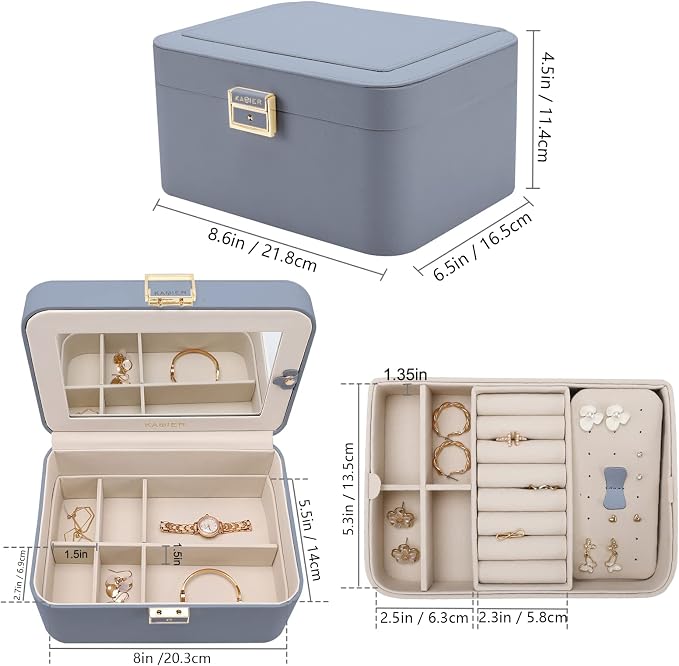 KAMIER Jewelry Organizer Box, 2 Layers PU Leather, Large Capacity, Double Lock and Large Mirror, Hidden Necklace Hooks, Removable Dividers, Gift Box Packaging,Bluish Grey - Image 6